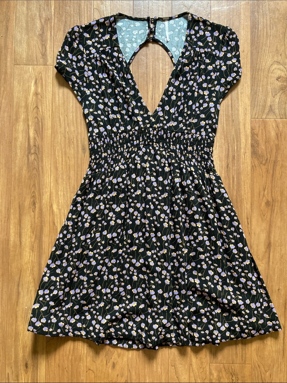 Free People Sz Small Black Dress with Lavender and Gold Floral Print mini
